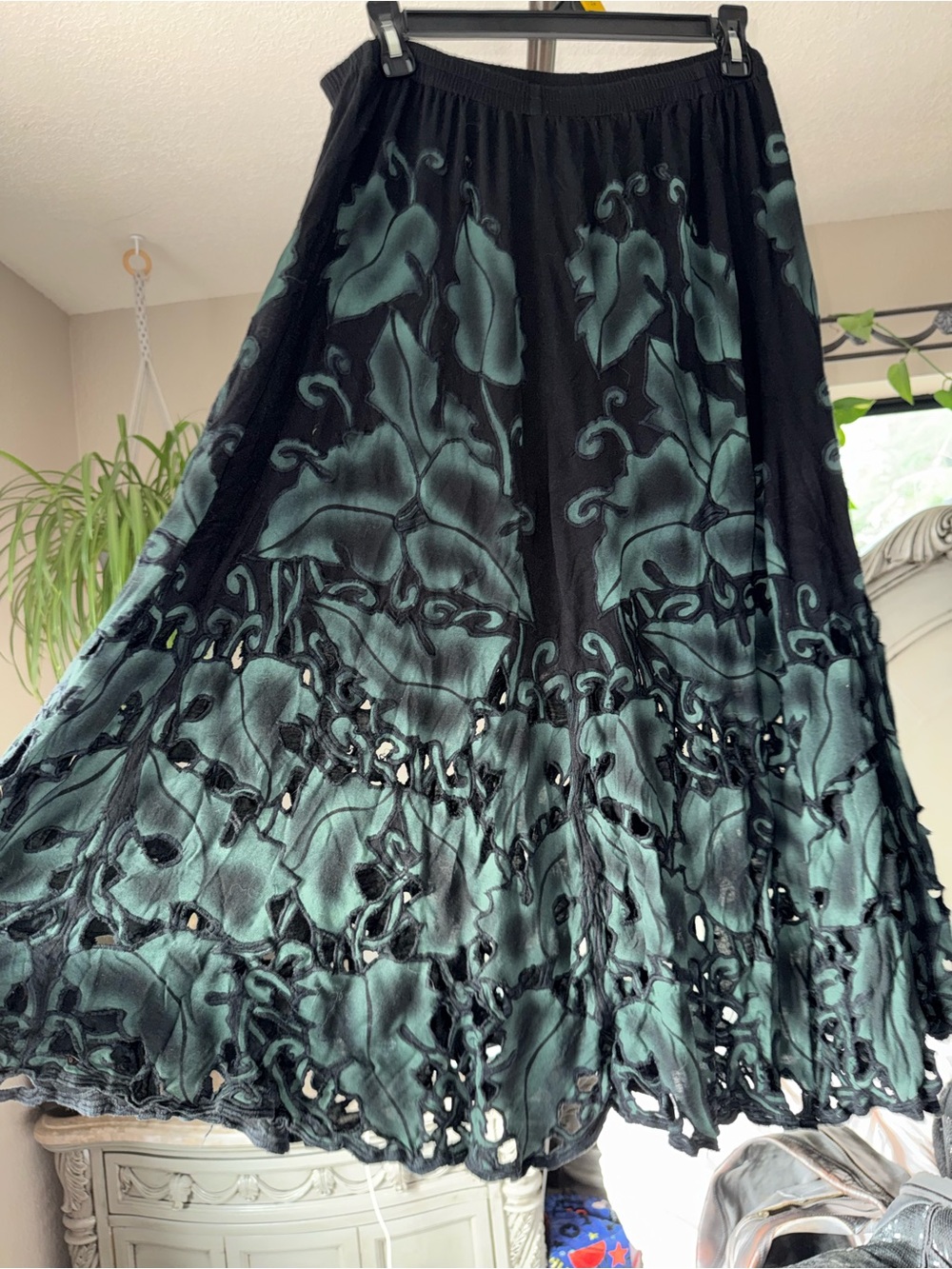 Black and Teal Floral A-Line Cutout Maxi Skirt